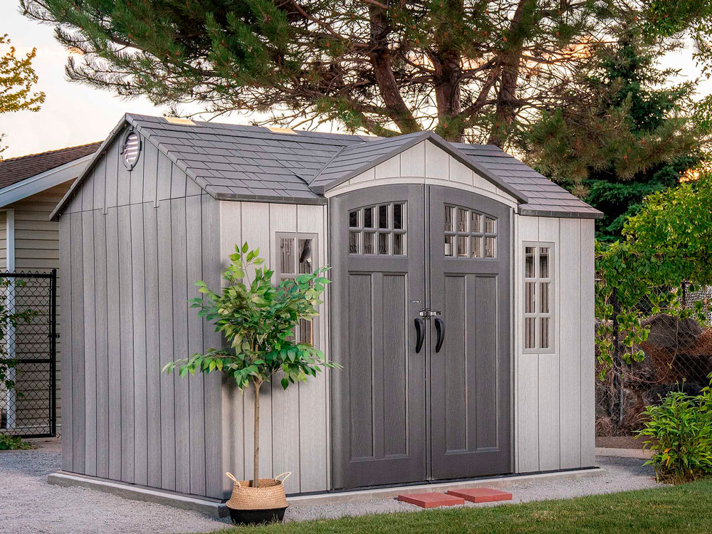 Сарай (хозблок) пластиковый WOODLOOK 10x8 60334 габариты 238 х 299 см с двускатной крышей для дачи или загородного дома