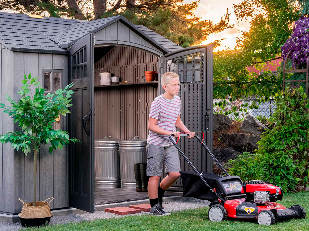 Сарай (хозблок) пластиковый WOODLOOK 10x8 60334 габариты 238 х 299 см с двускатной крышей для дачи или загородного дома