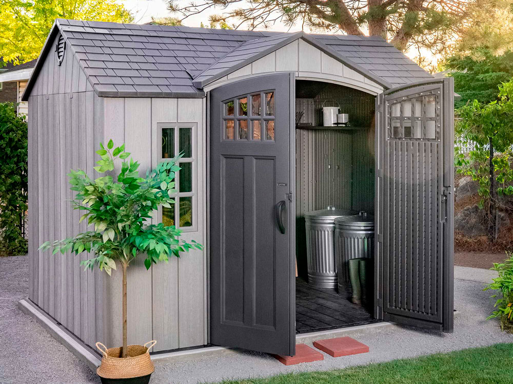 Сарай (хозблок) пластиковый WOODLOOK 10x8 60334 габариты 238 х 299 см с двускатной крышей для дачи или загородного дома
